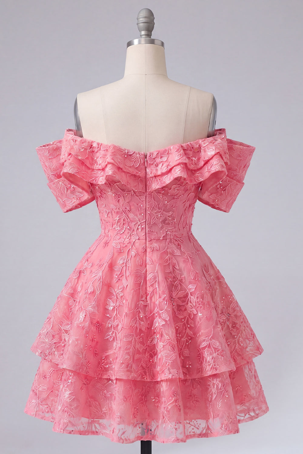Hot Pink Lace Beaded Ruffled Off The Shoulder A Line Short Homecoming Dress