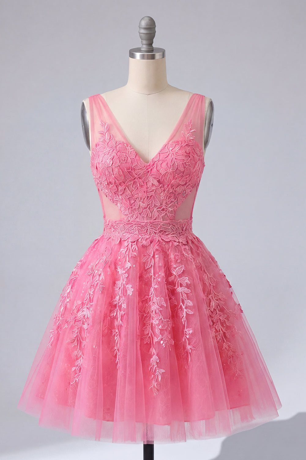 A Line Hot Pink Lace Appliqued V-Neck Short Homecoming Dress