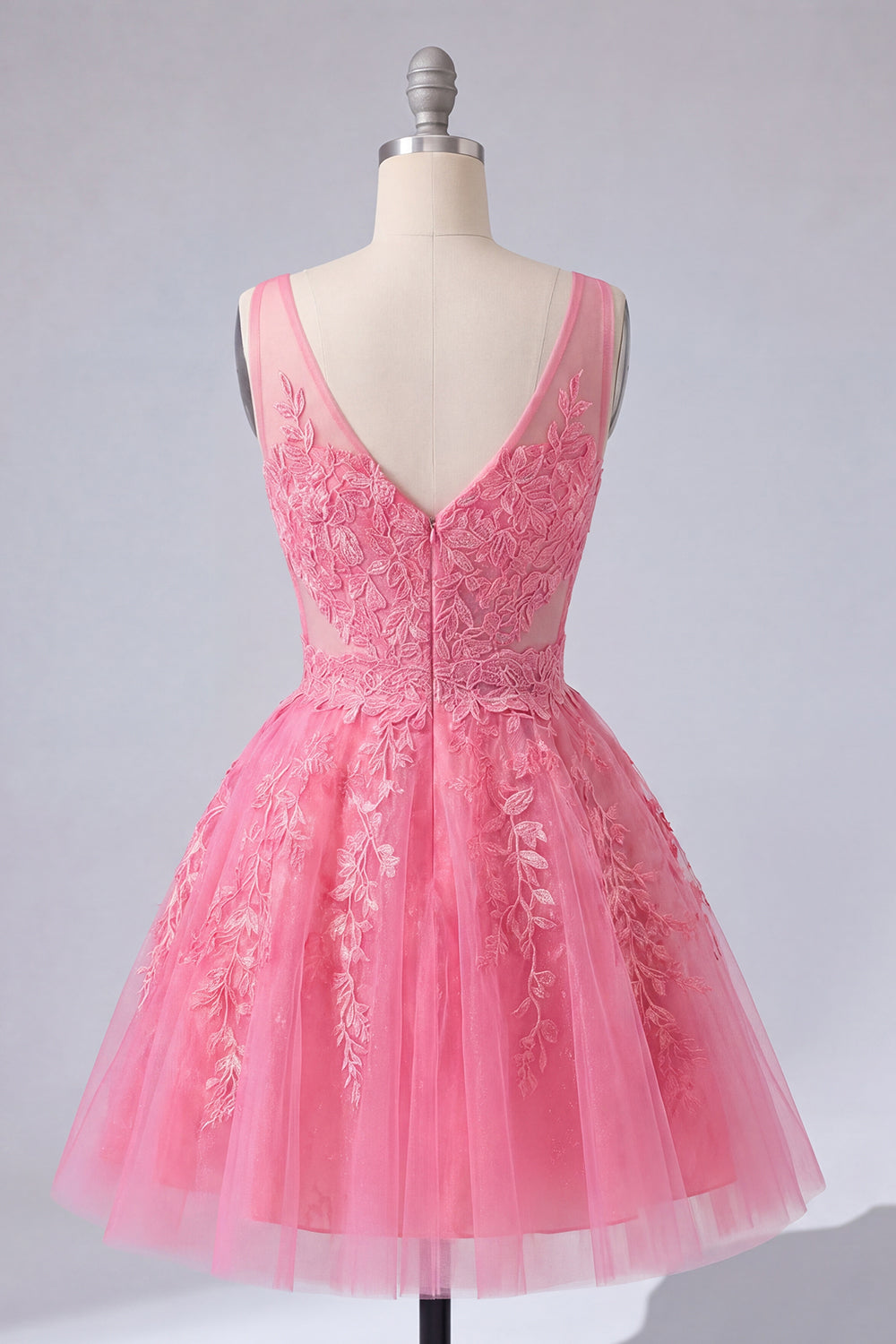 A Line Hot Pink Lace Appliqued V-Neck Short Homecoming Dress