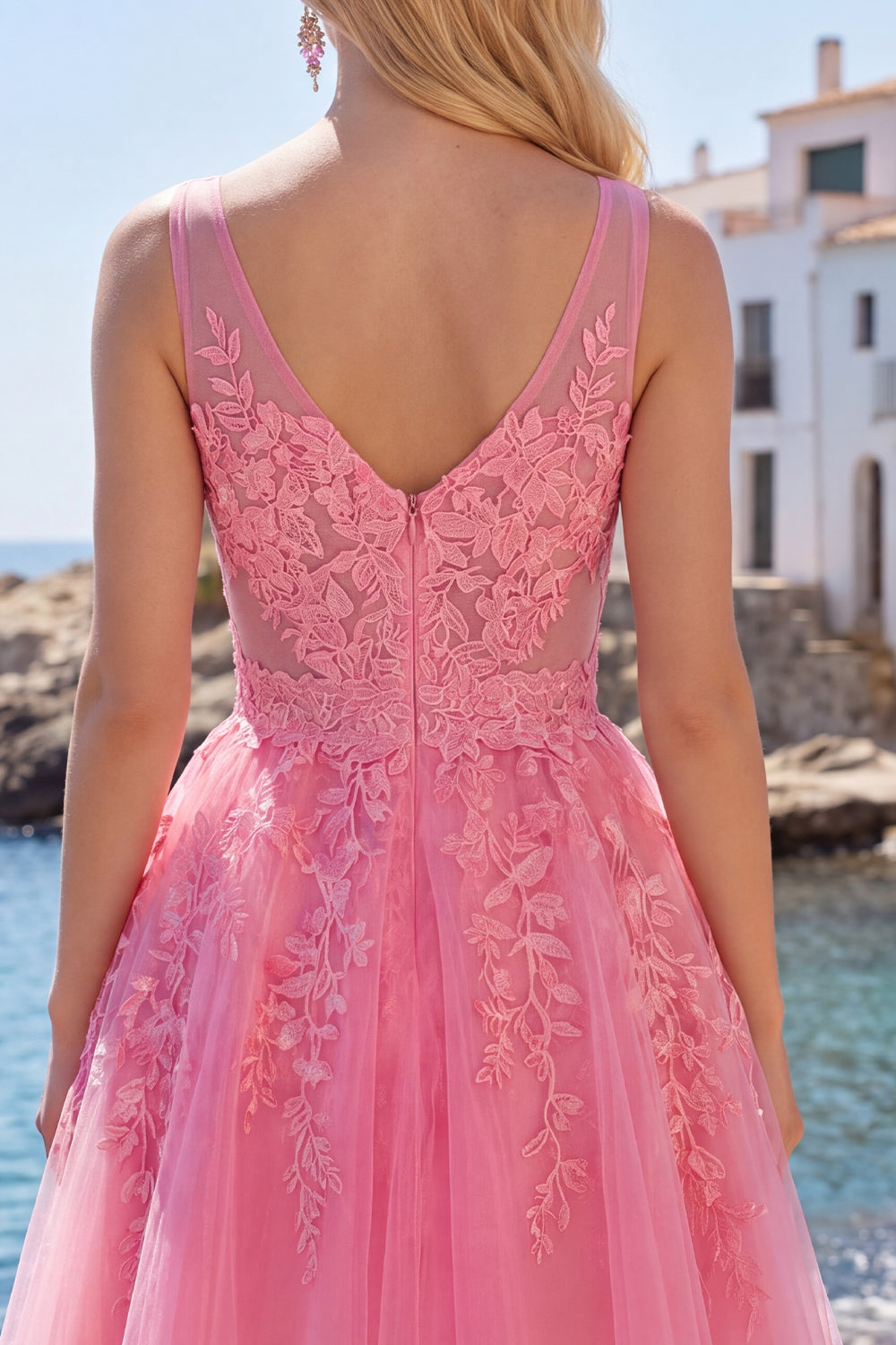 A Line Hot Pink Lace Appliqued V-Neck Short Homecoming Dress