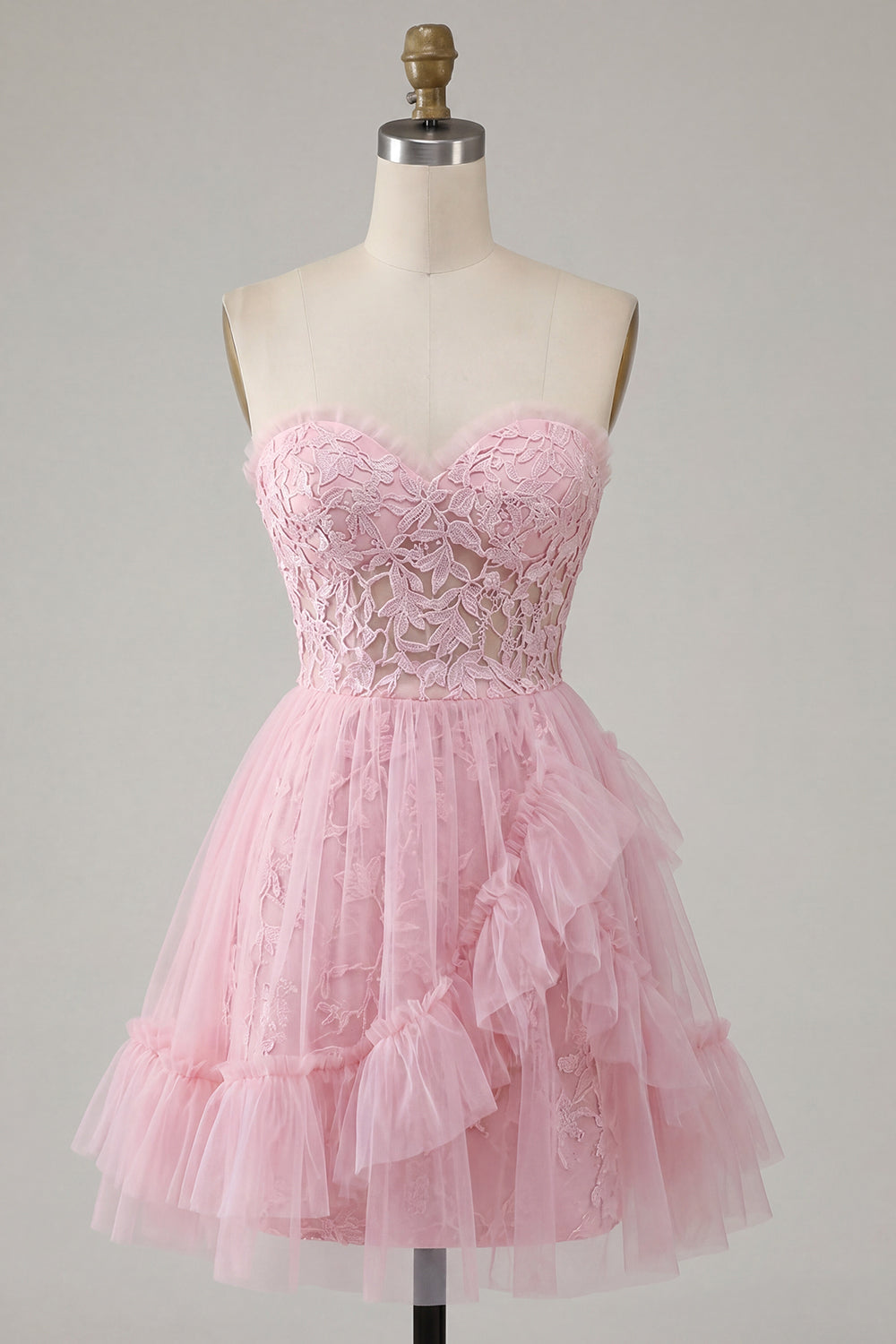 A Line Pink Lace Floral Ruffled Sweetheart Short Homecoming Dress