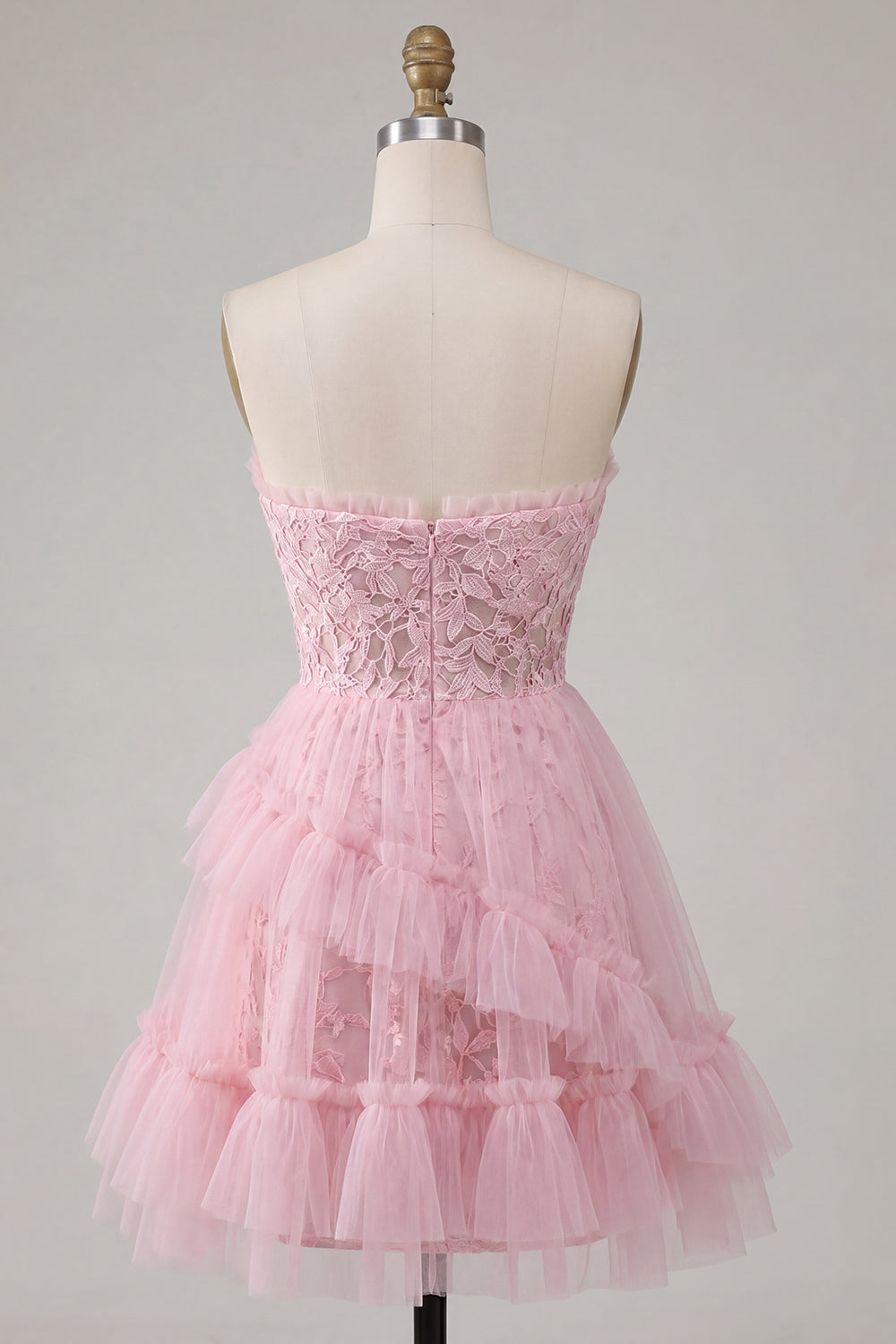 A Line Pink Lace Floral Ruffled Sweetheart Short Homecoming Dress