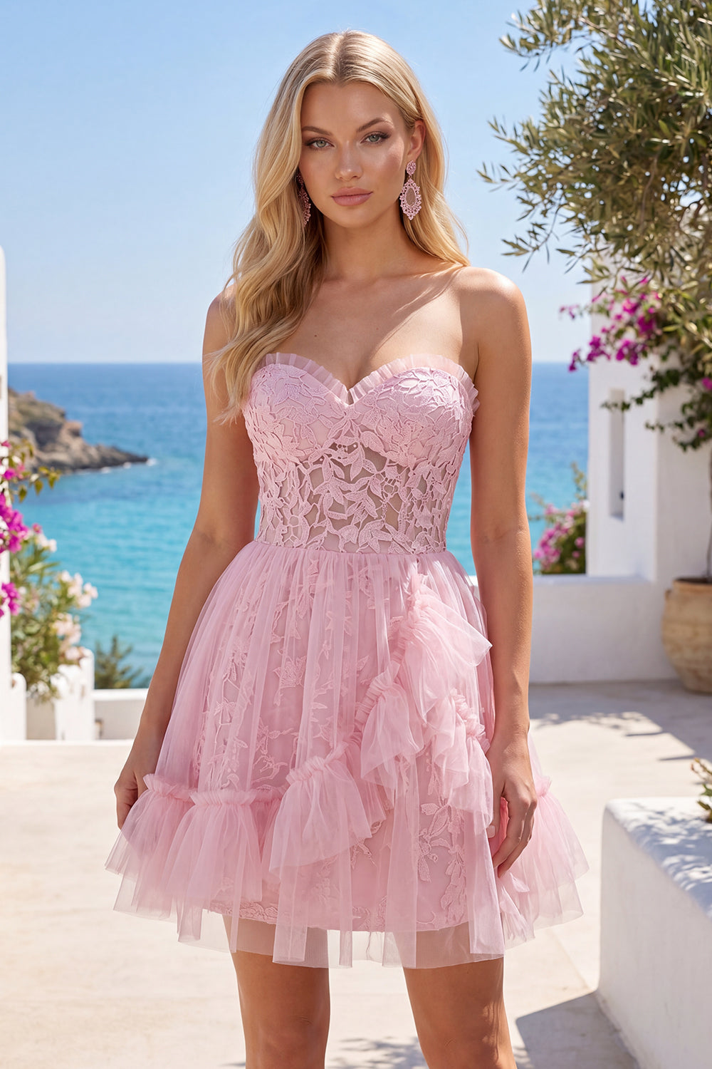 A Line Pink Lace Floral Ruffled Sweetheart Short Homecoming Dress