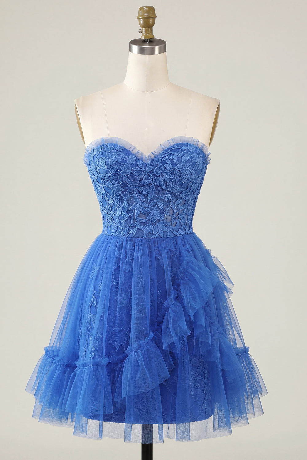 A Line Pink Lace Floral Ruffled Sweetheart Short Homecoming Dress