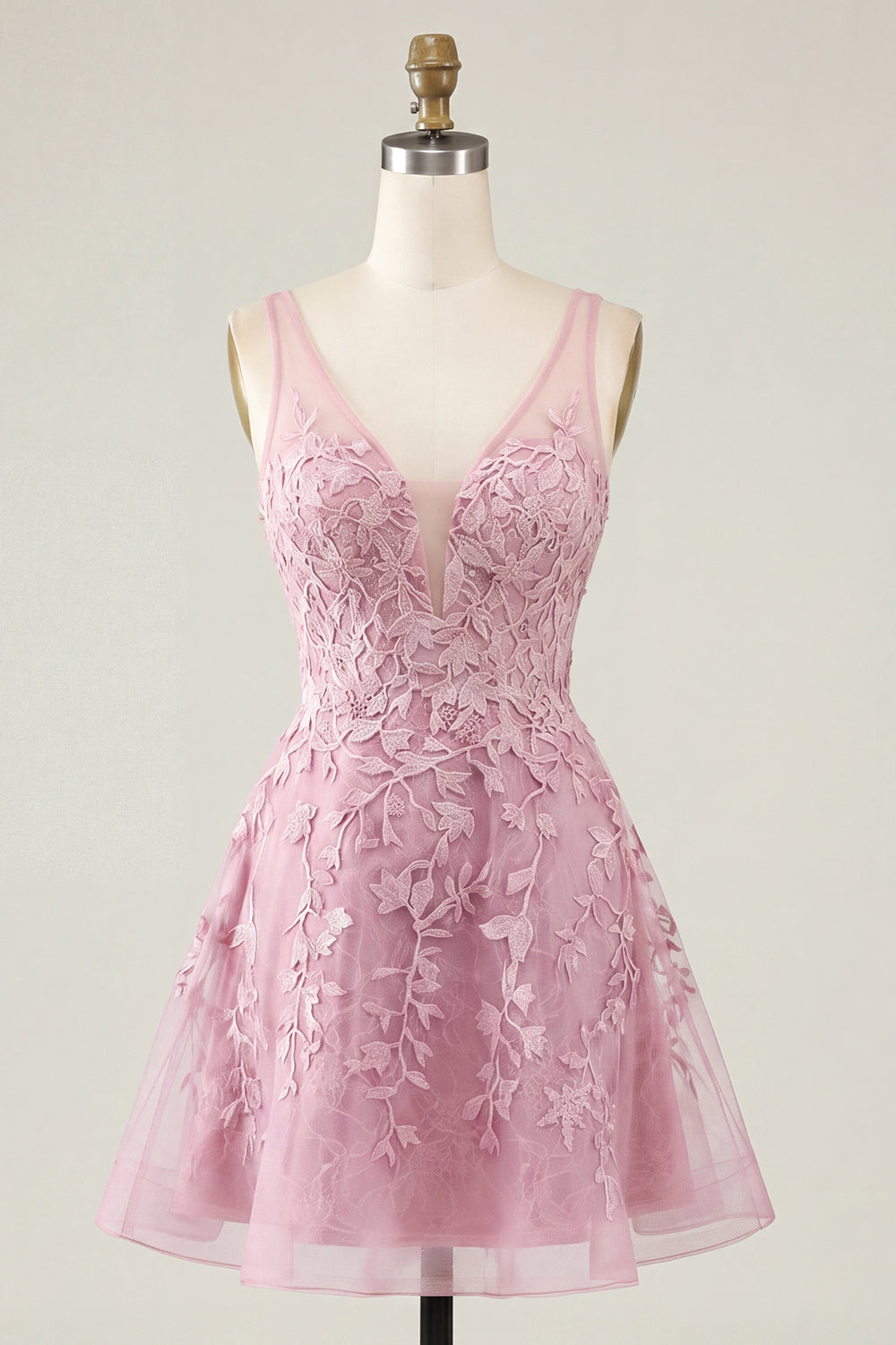Pink V-Neck A Line Lace Appliqued Short Homecoming Dress