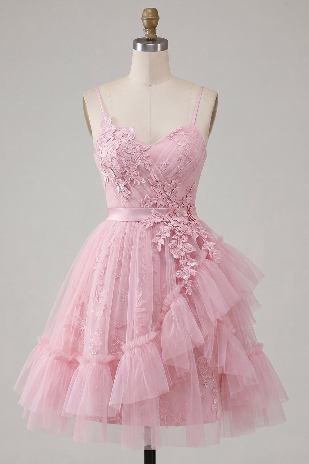 Pink Short Tulle Floral Ruffled Spaghetti Straps A Line Homecoming Dress