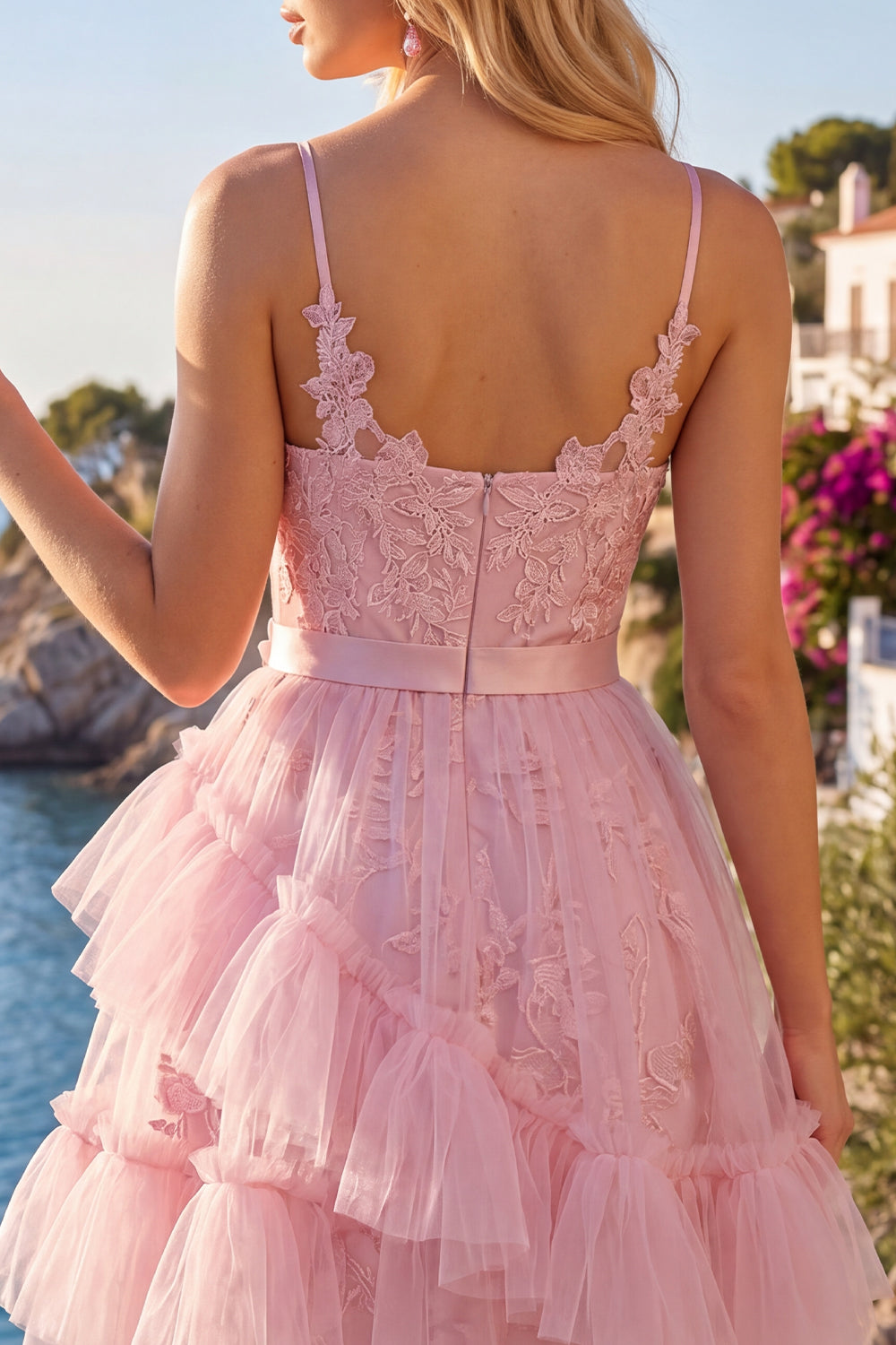 Pink Short Tulle Floral Ruffled Spaghetti Straps A Line Homecoming Dress