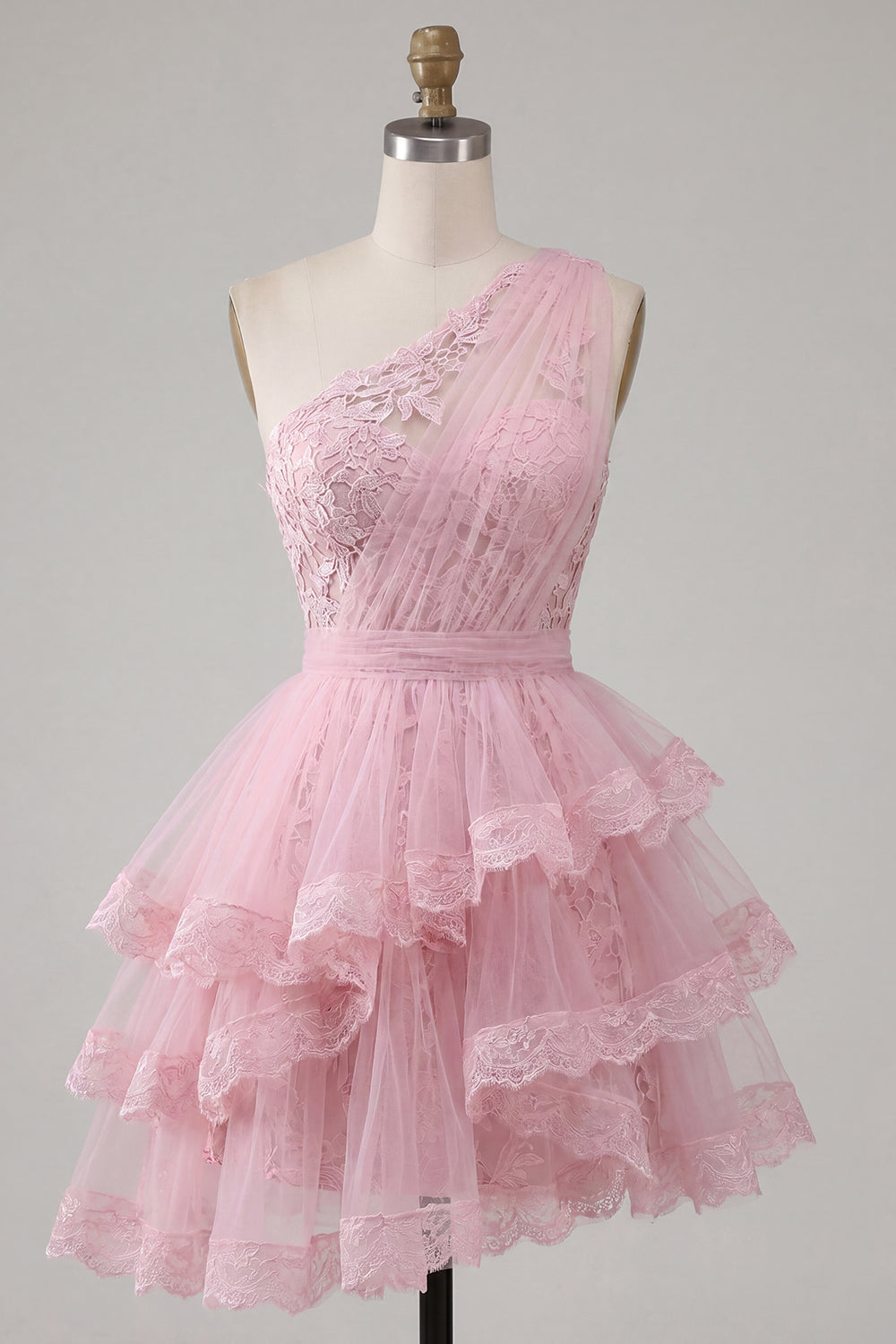 Ruffled One Shoulder Tulle Floral A Line Pink Short Homecoming Dress