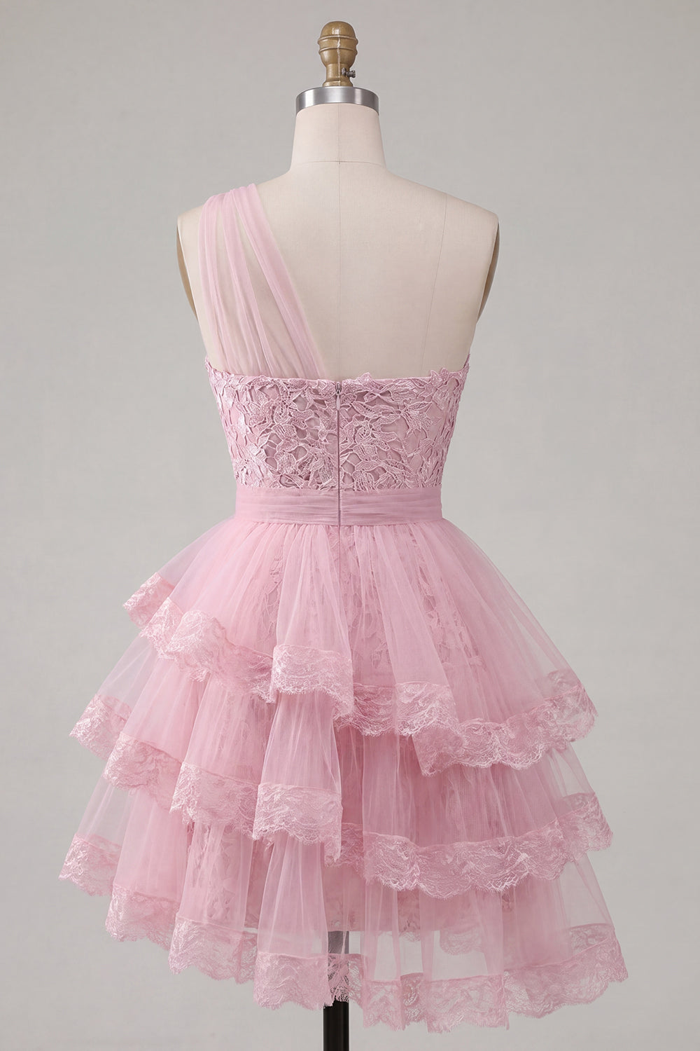 Ruffled One Shoulder Tulle Floral A Line Pink Short Homecoming Dress