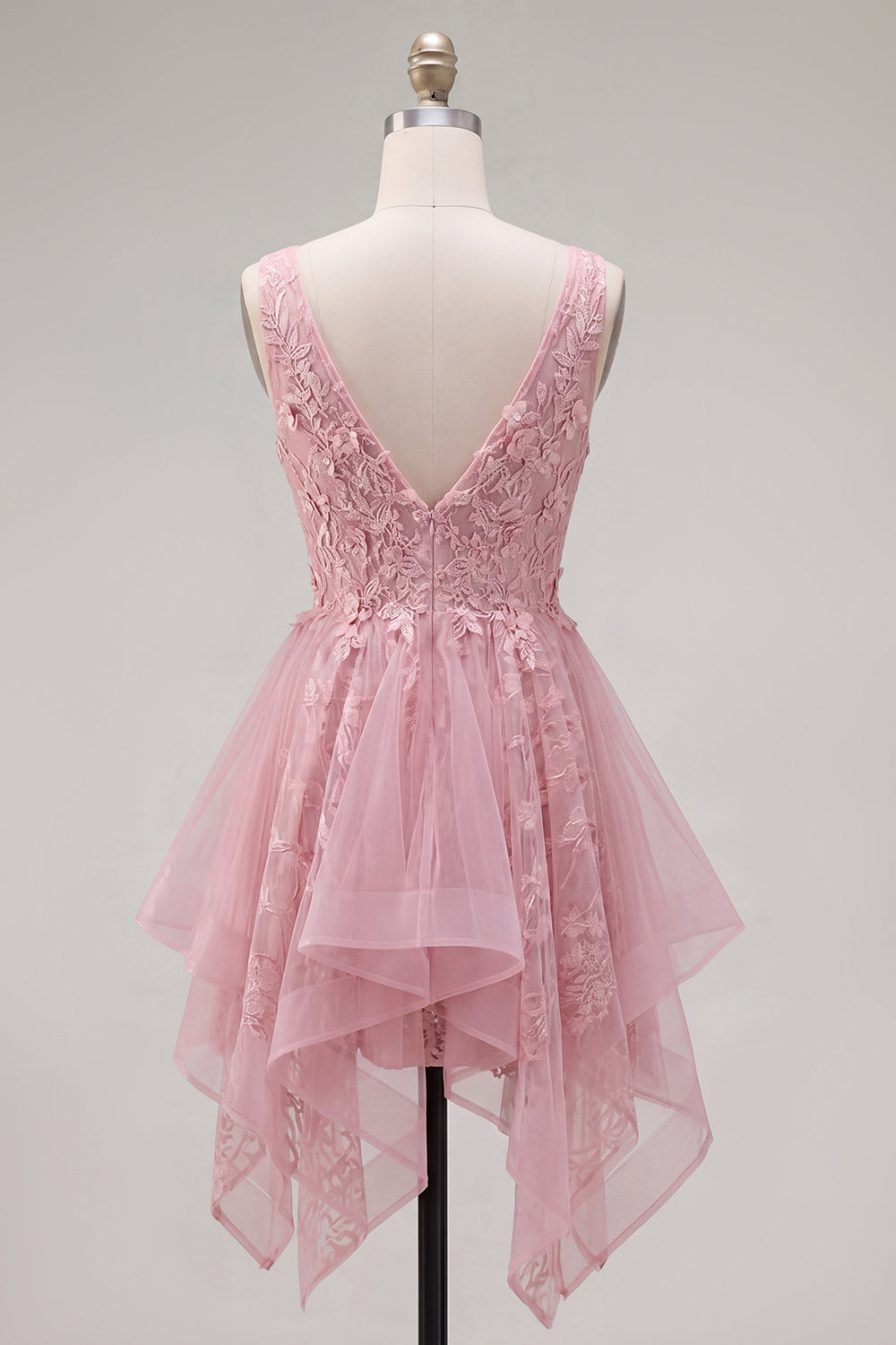 V-Neck A Line Lace Appliqued Pink Short Homecoming Dress