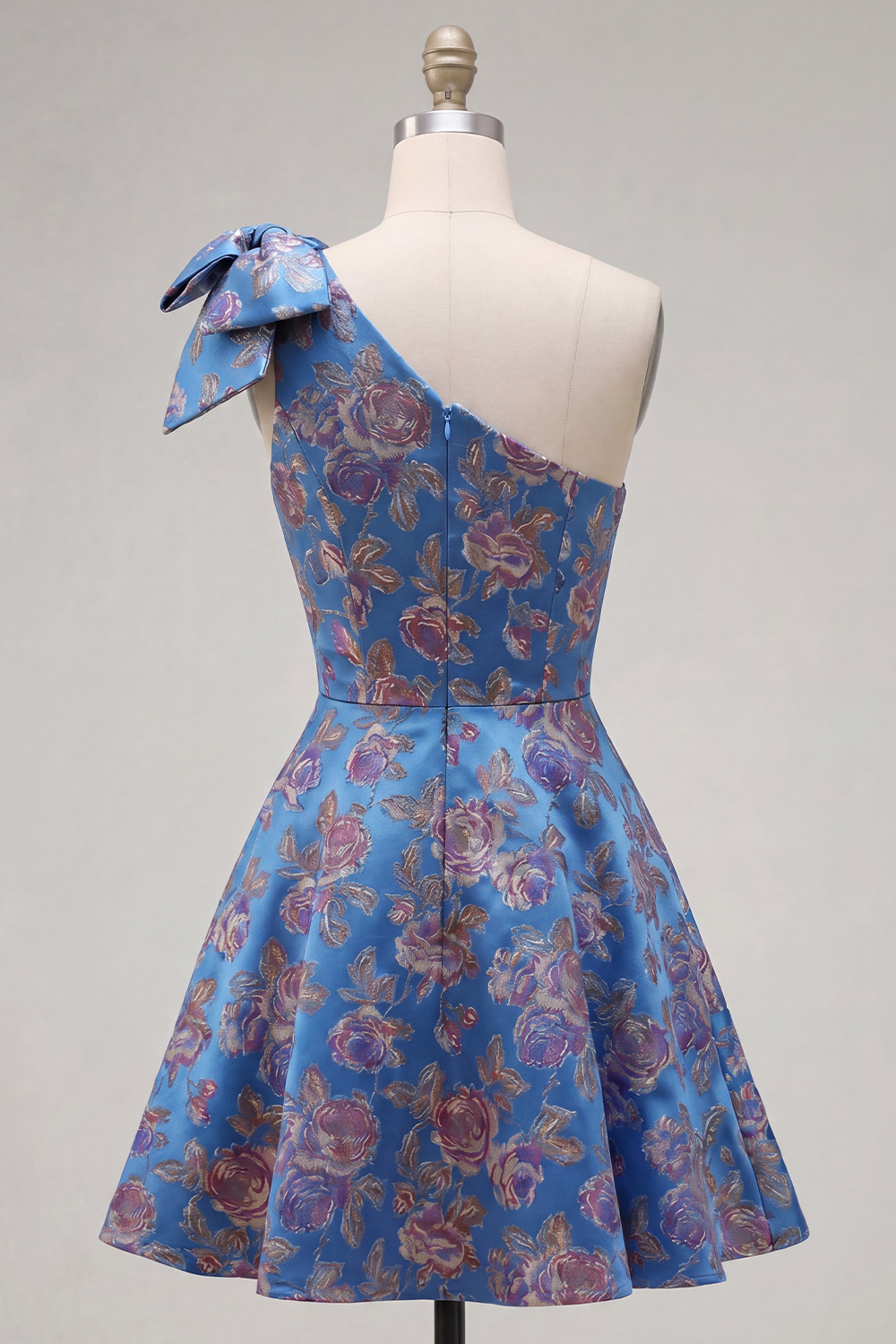 Blue One Shoulder A Line Floral Short Homecoming Dress with Bow