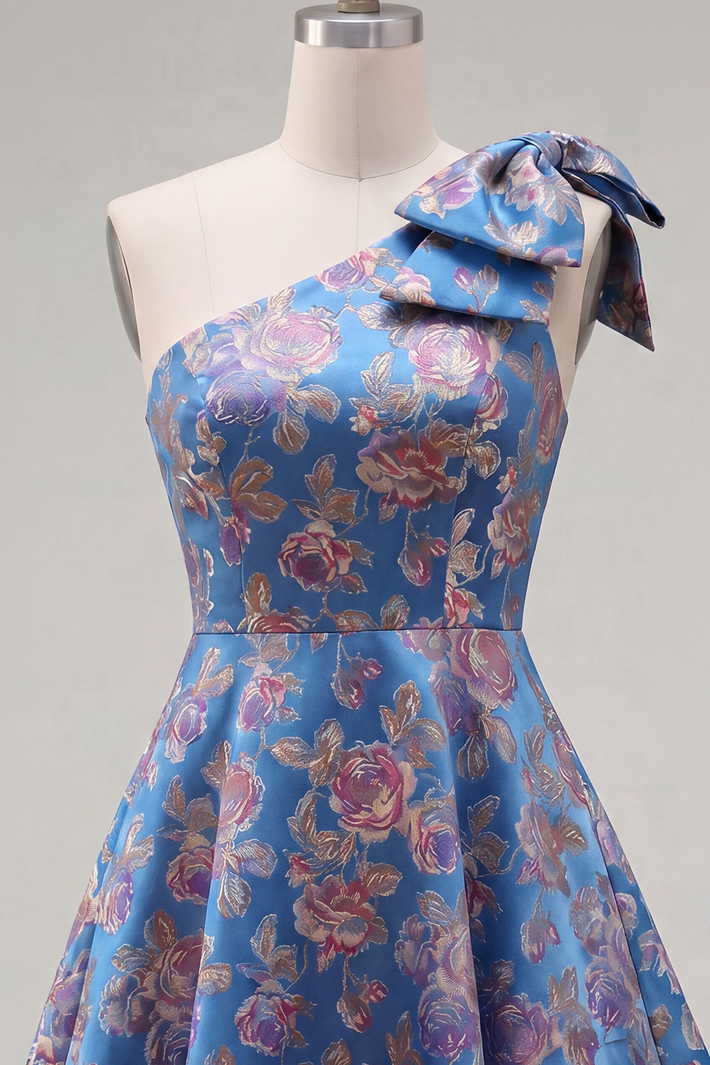 Blue One Shoulder A Line Floral Short Homecoming Dress with Bow