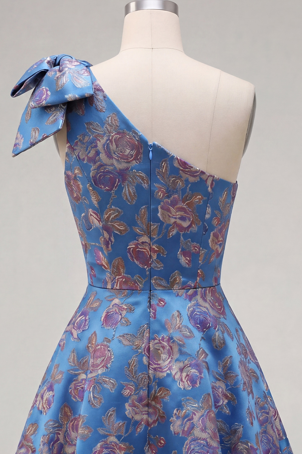 Blue One Shoulder A Line Floral Short Homecoming Dress with Bow