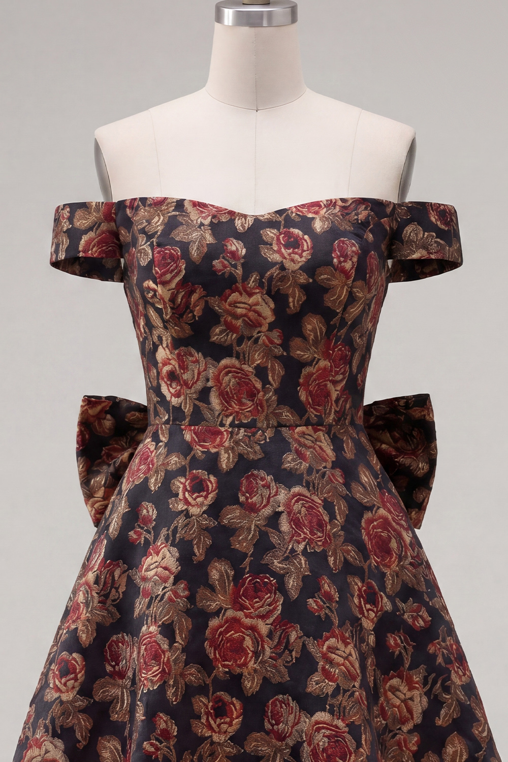 Off the Shoulder Black A Line Floral Short Homecoming Dress with Bow