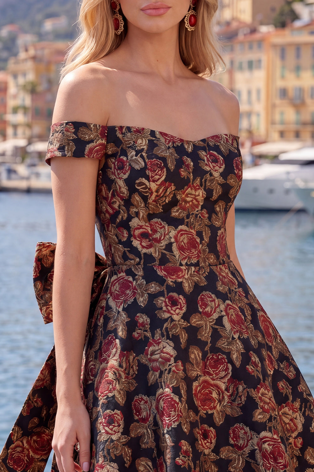 Off the Shoulder Black A Line Floral Short Homecoming Dress with Bow