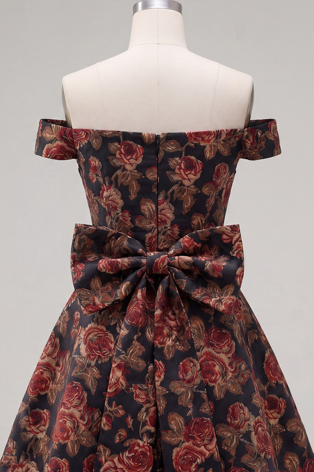 Off the Shoulder Black A Line Floral Short Homecoming Dress with Bow