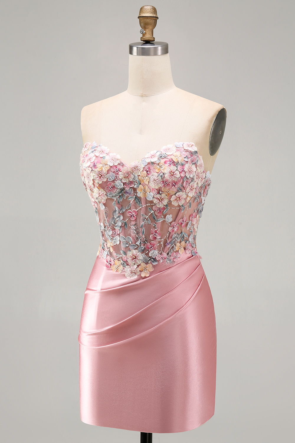 Blue Ruched Strapless Tight Short Corset Homecoming Dress with 3D Flowers
