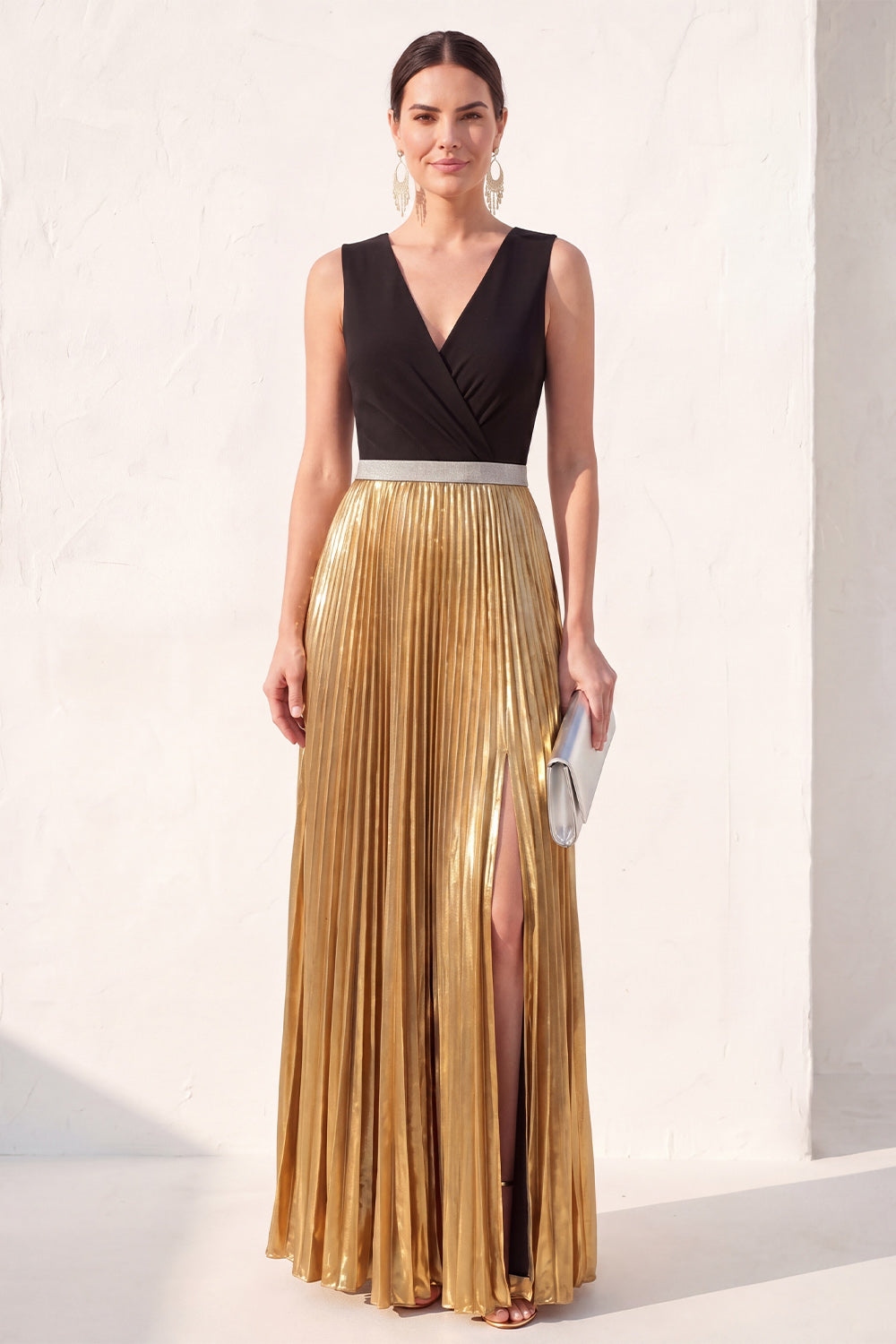 Metallic Black Golden A Line V-Neck Champagne Pleated Long Formal Dress with Slit