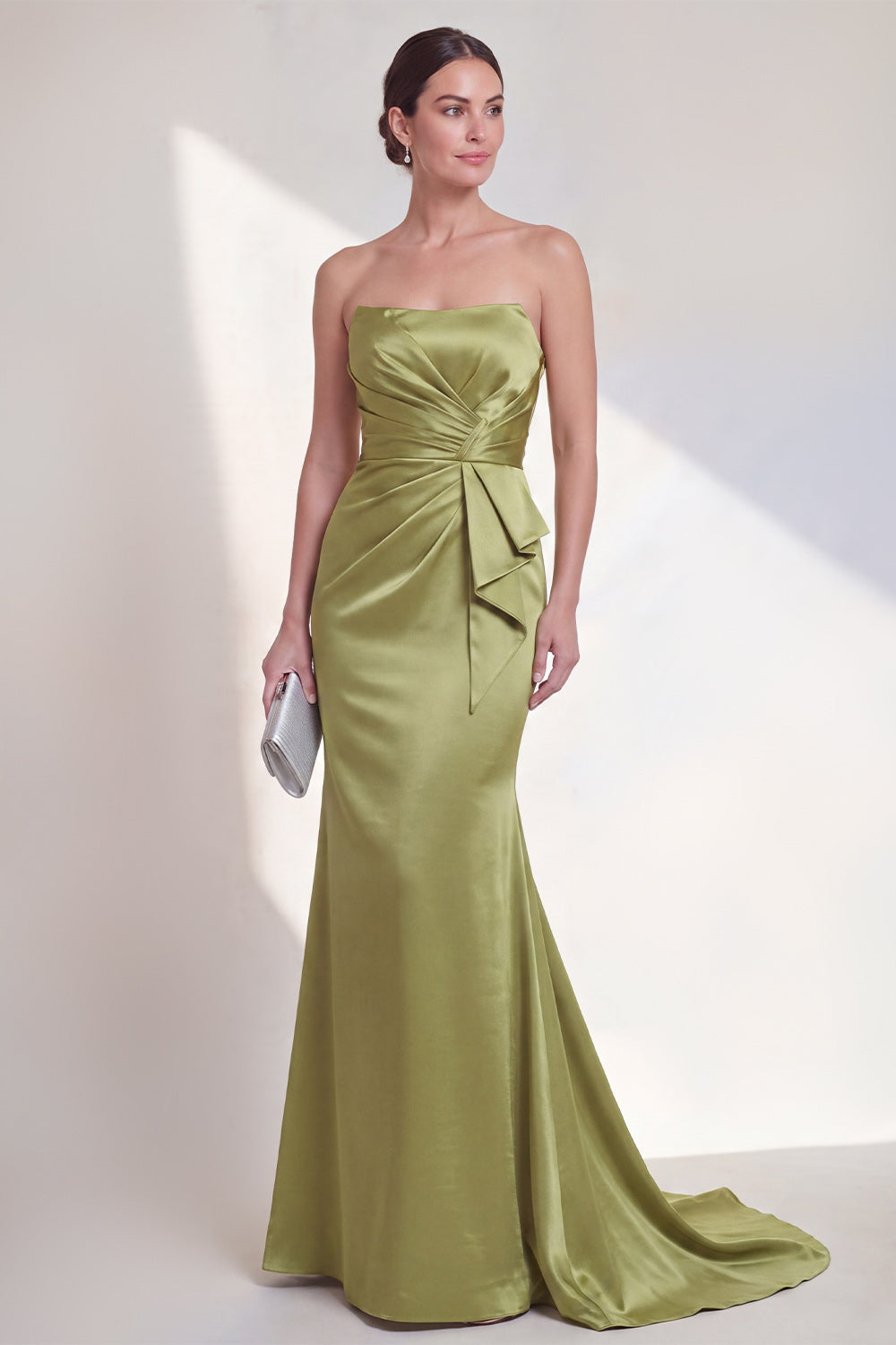 Long Mermaid Strapless Ruched Green Formal Dress with Ruffles