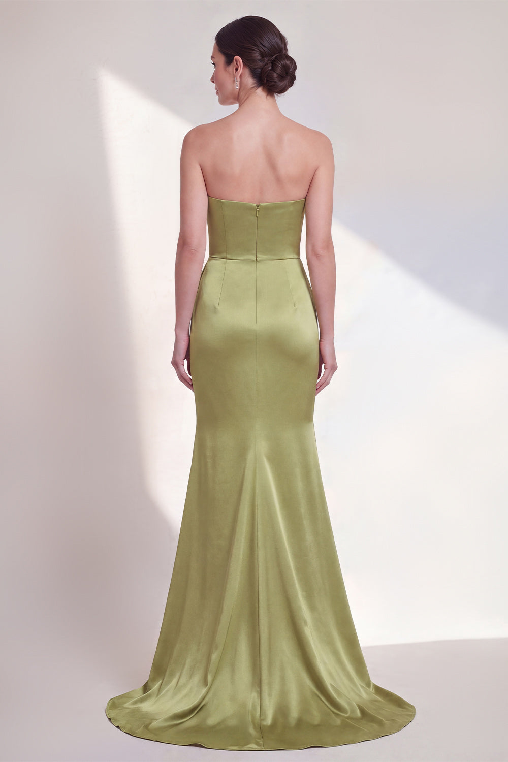 Long Mermaid Strapless Ruched Green Formal Dress with Ruffles