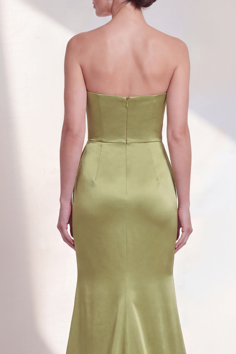 Long Mermaid Strapless Ruched Green Formal Dress with Ruffles