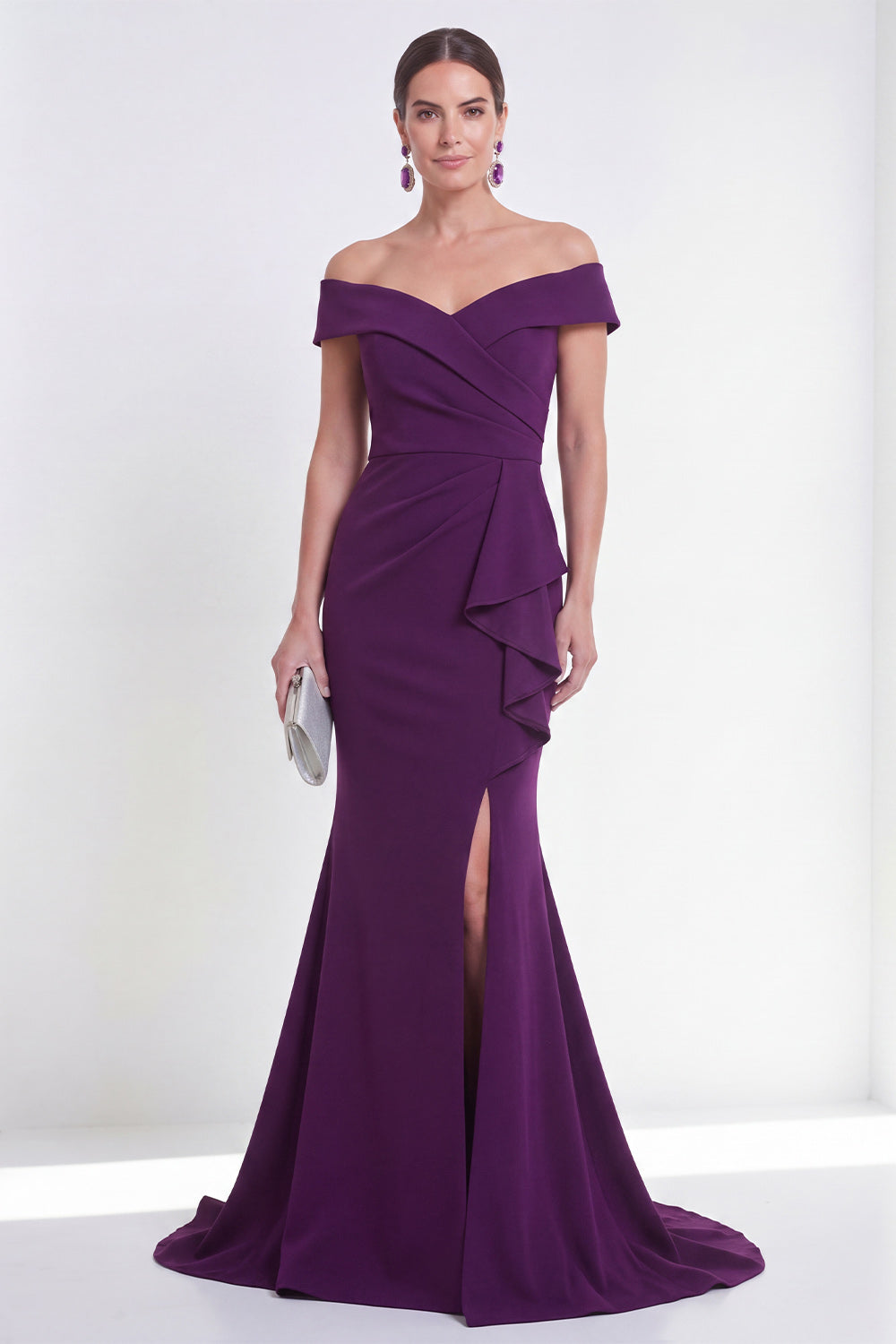 Off the Shoulder Purple Ruched Mermaid Long Formal Dress with Slit