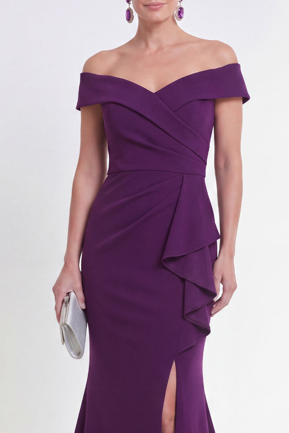 Off the Shoulder Purple Ruched Mermaid Long Formal Dress with Slit