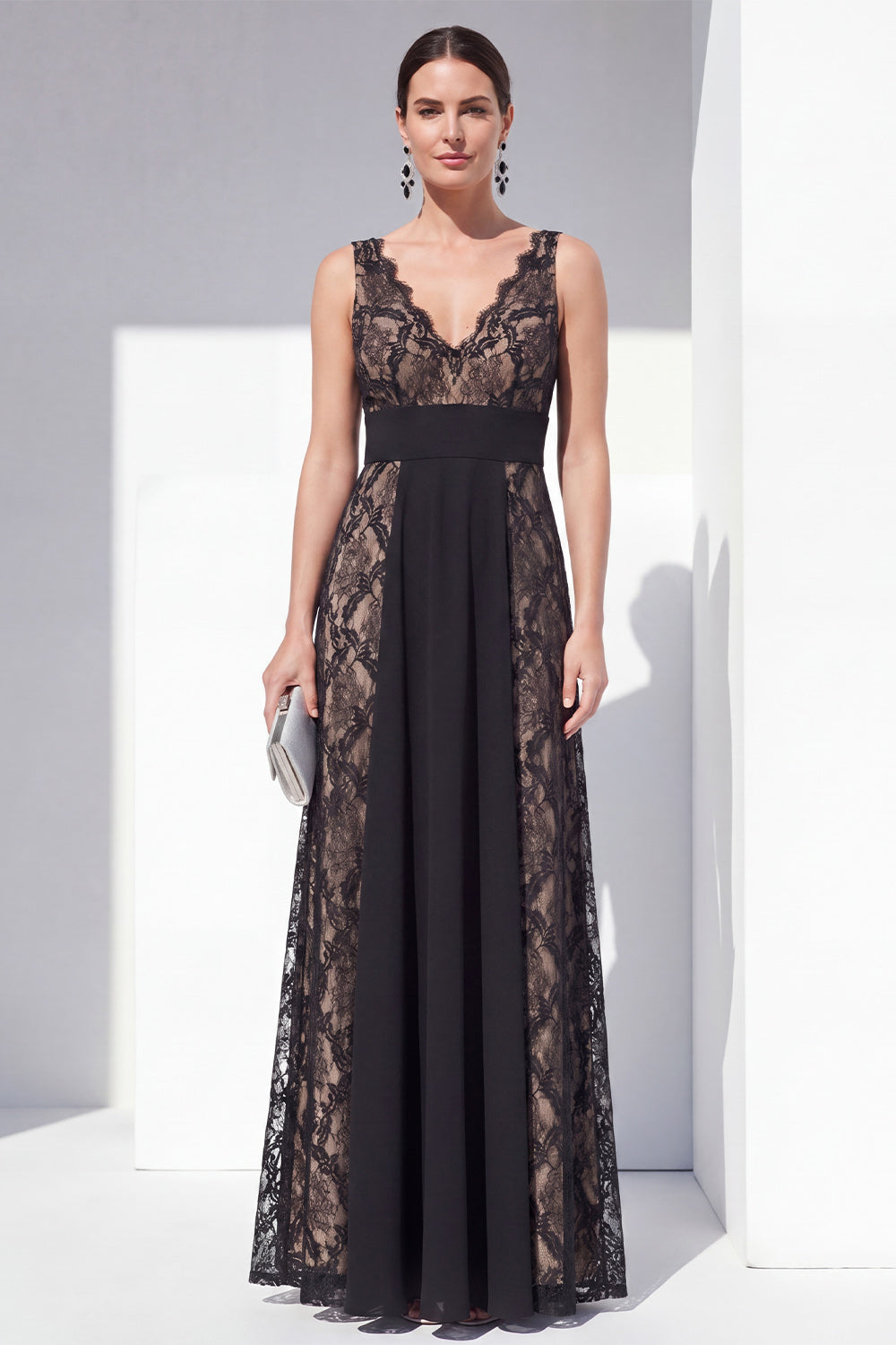 V-Neck Black Floral Long Lace A Line Formal Dress