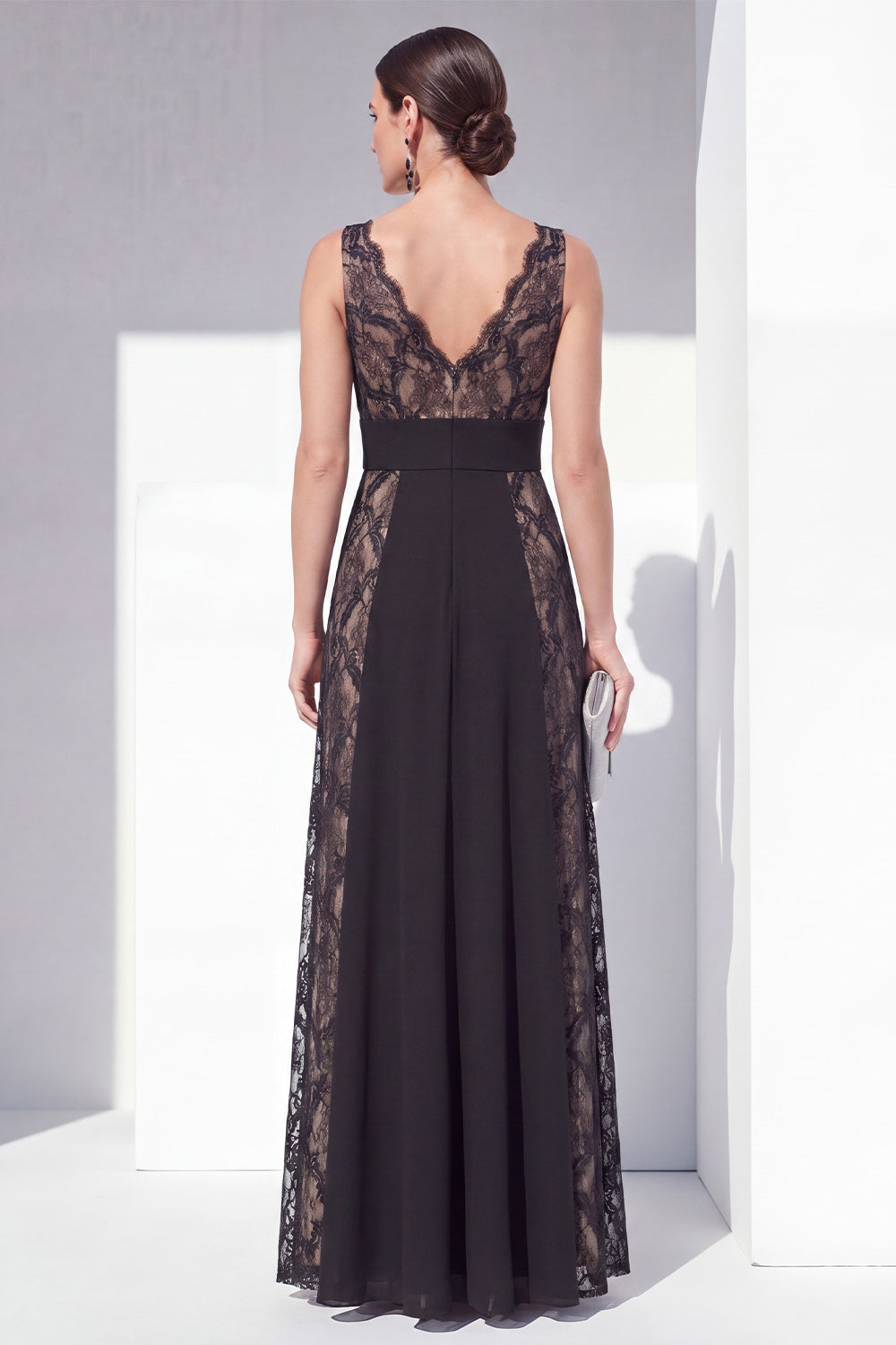 V-Neck Black Floral Long Lace A Line Formal Dress