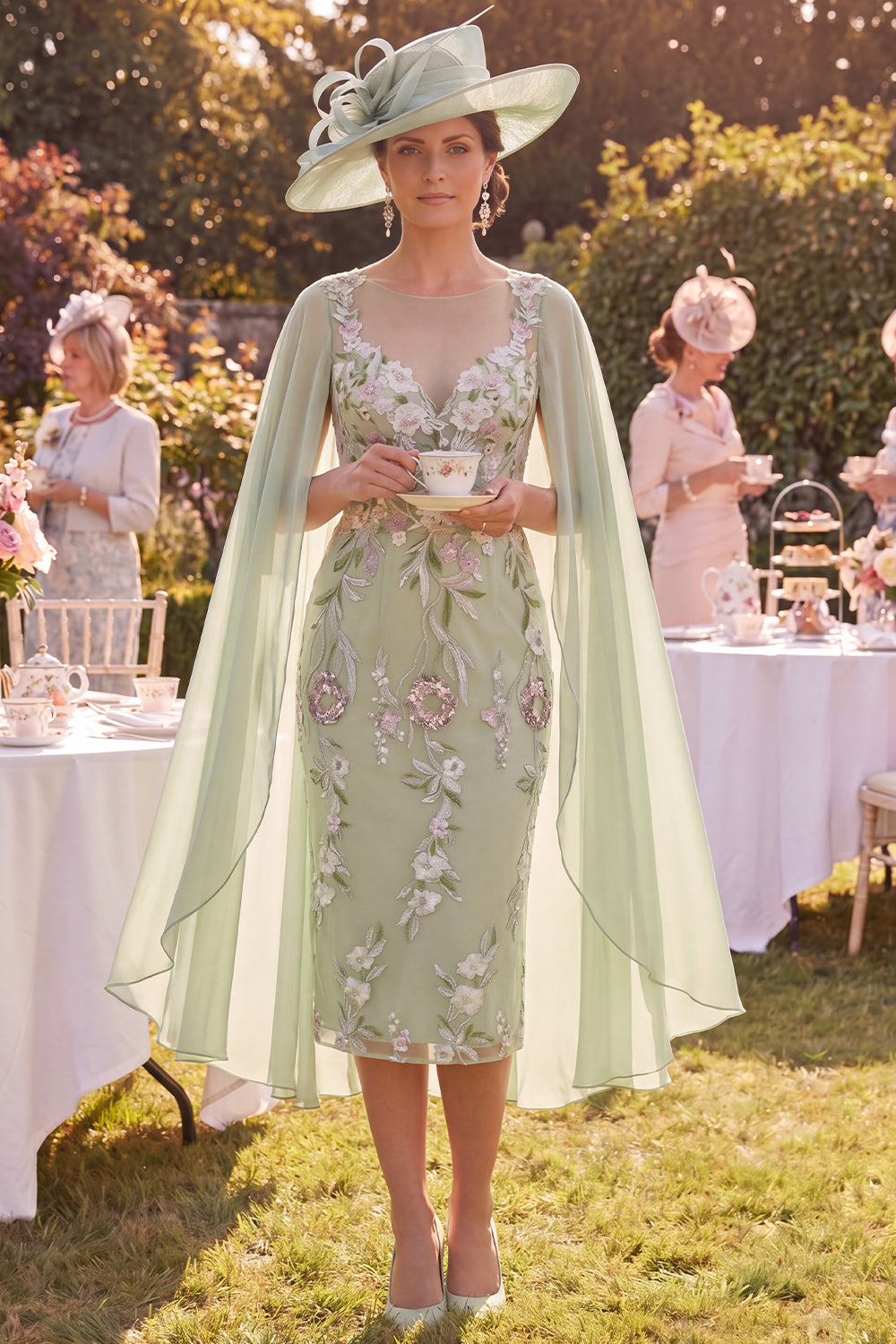 V-Neck Floral Midi Bodycon Green Mother of the Bride Dress with Cape