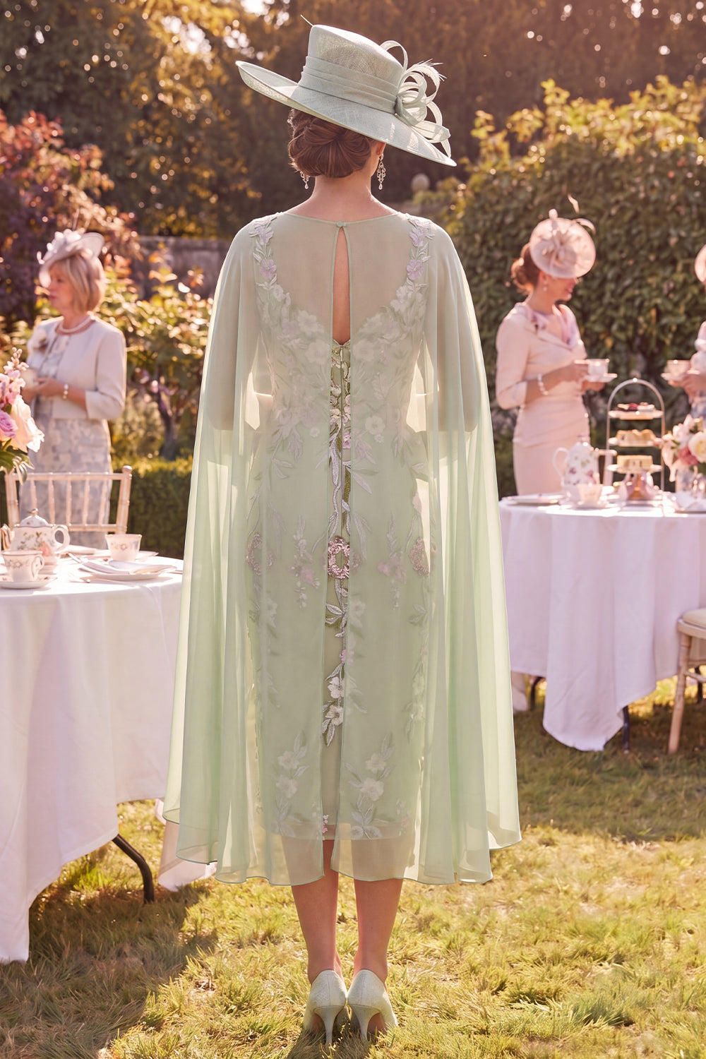 V-Neck Floral Midi Bodycon Green Mother of the Bride Dress with Cape