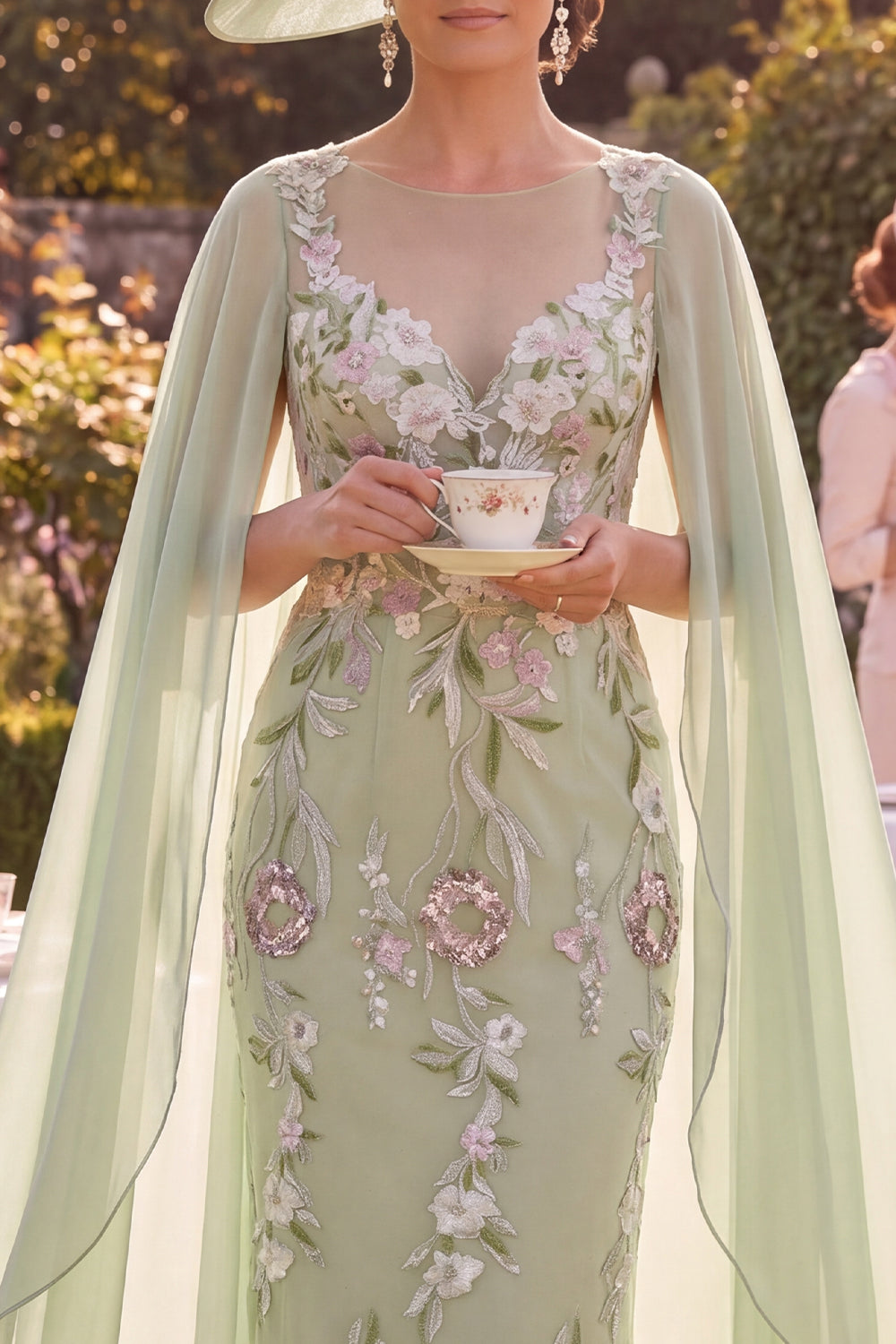 V-Neck Floral Midi Bodycon Green Mother of the Bride Dress with Cape