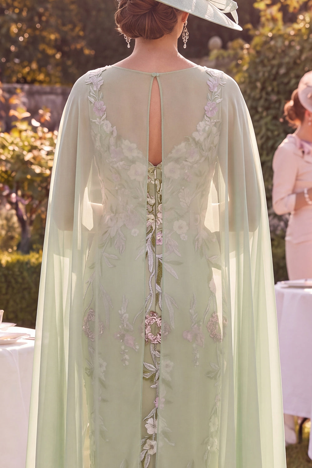 V-Neck Floral Midi Bodycon Green Mother of the Bride Dress with Cape