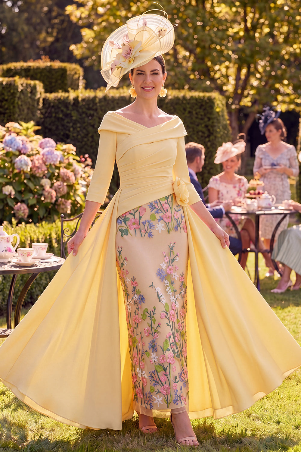 Butter Yellow Sheath Long Floral Ruched Mother of the Bride Dress with Cape