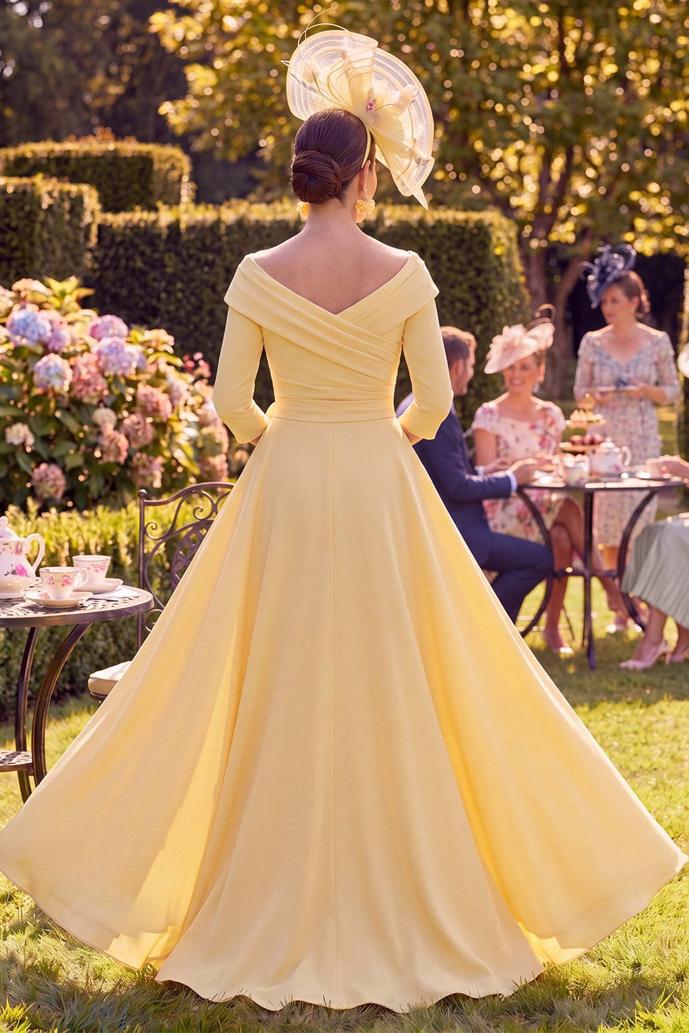 Butter Yellow Sheath Long Floral Ruched Mother of the Bride Dress with Cape