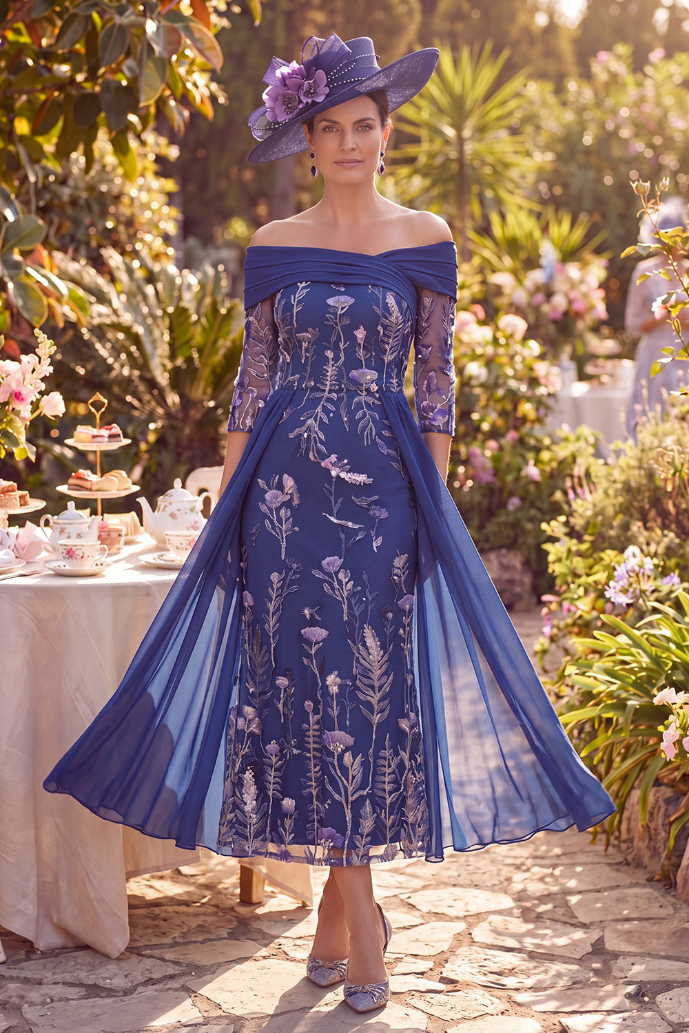 Navy Long Floral 3/4 Sheath Sleeves Mother of the Bride Dress with Cape