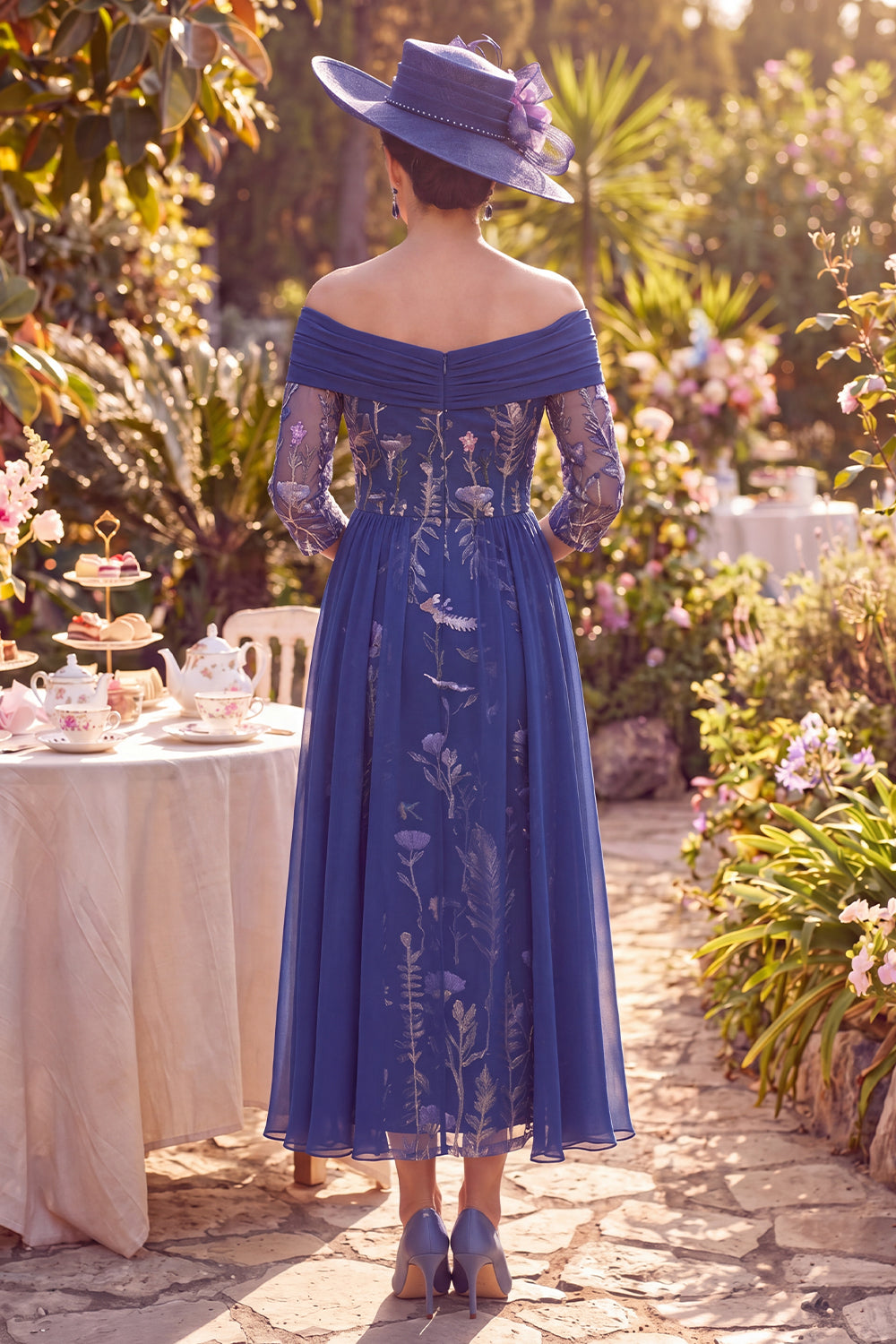 Navy Long Floral 3/4 Sheath Sleeves Mother of the Bride Dress with Cape