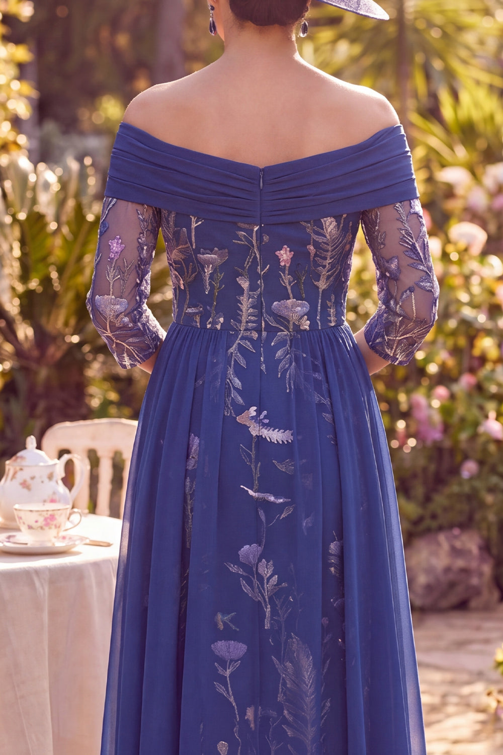 Navy Long Floral 3/4 Sheath Sleeves Mother of the Bride Dress with Cape