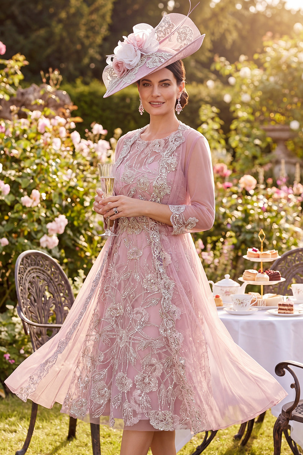 Sparkly Blush Midi Beaded Floral A Line Round Neck Mother of the Bride Dress