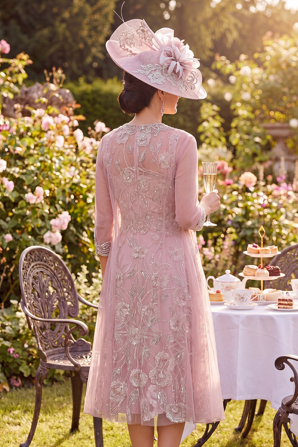 Sparkly Blush Midi Beaded Floral A Line Round Neck Mother of the Bride Dress