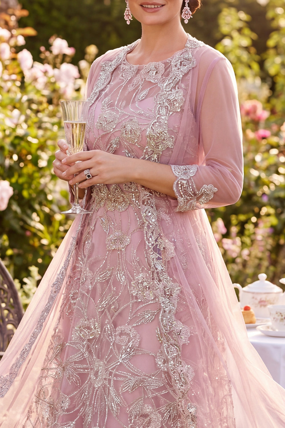 Sparkly Blush Midi Beaded Floral A Line Round Neck Mother of the Bride Dress