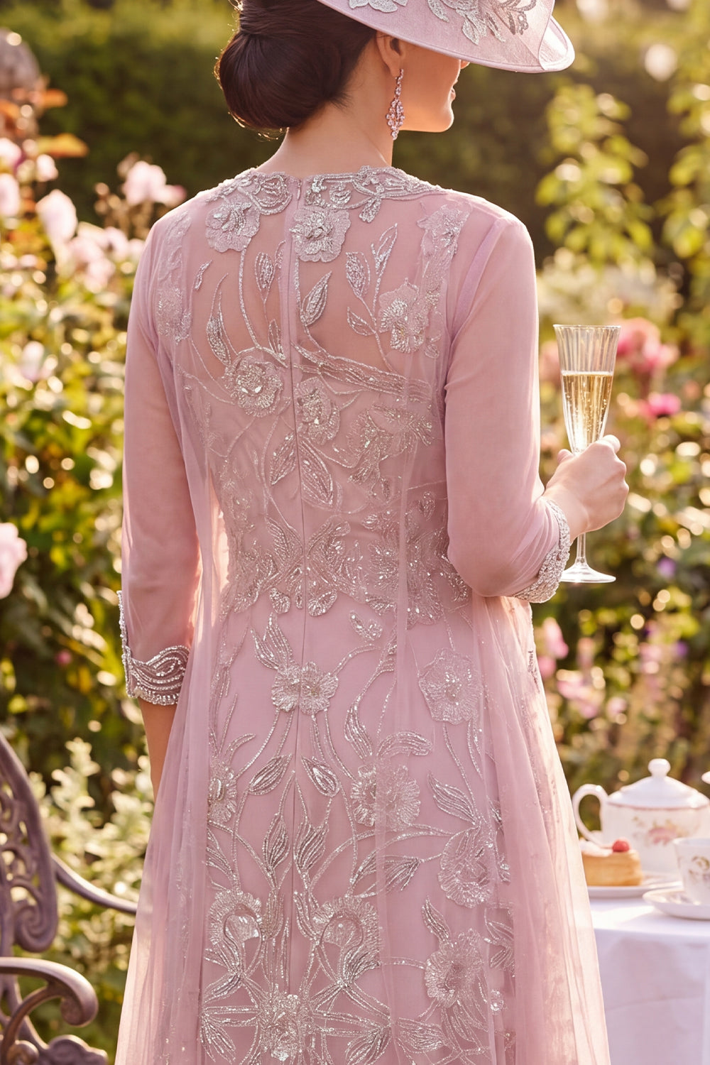 Sparkly Blush Midi Beaded Floral A Line Round Neck Mother of the Bride Dress