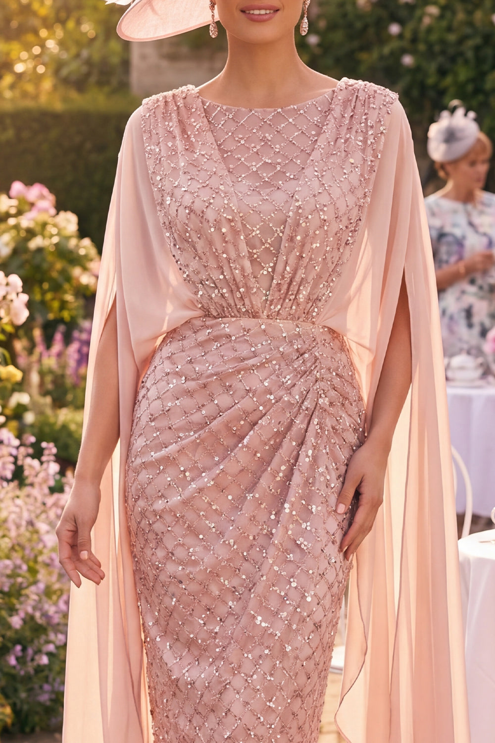 Bodycon Sparkly Blush Midi Boat Neck Beaded Mother of the Bride Dress with Cape
