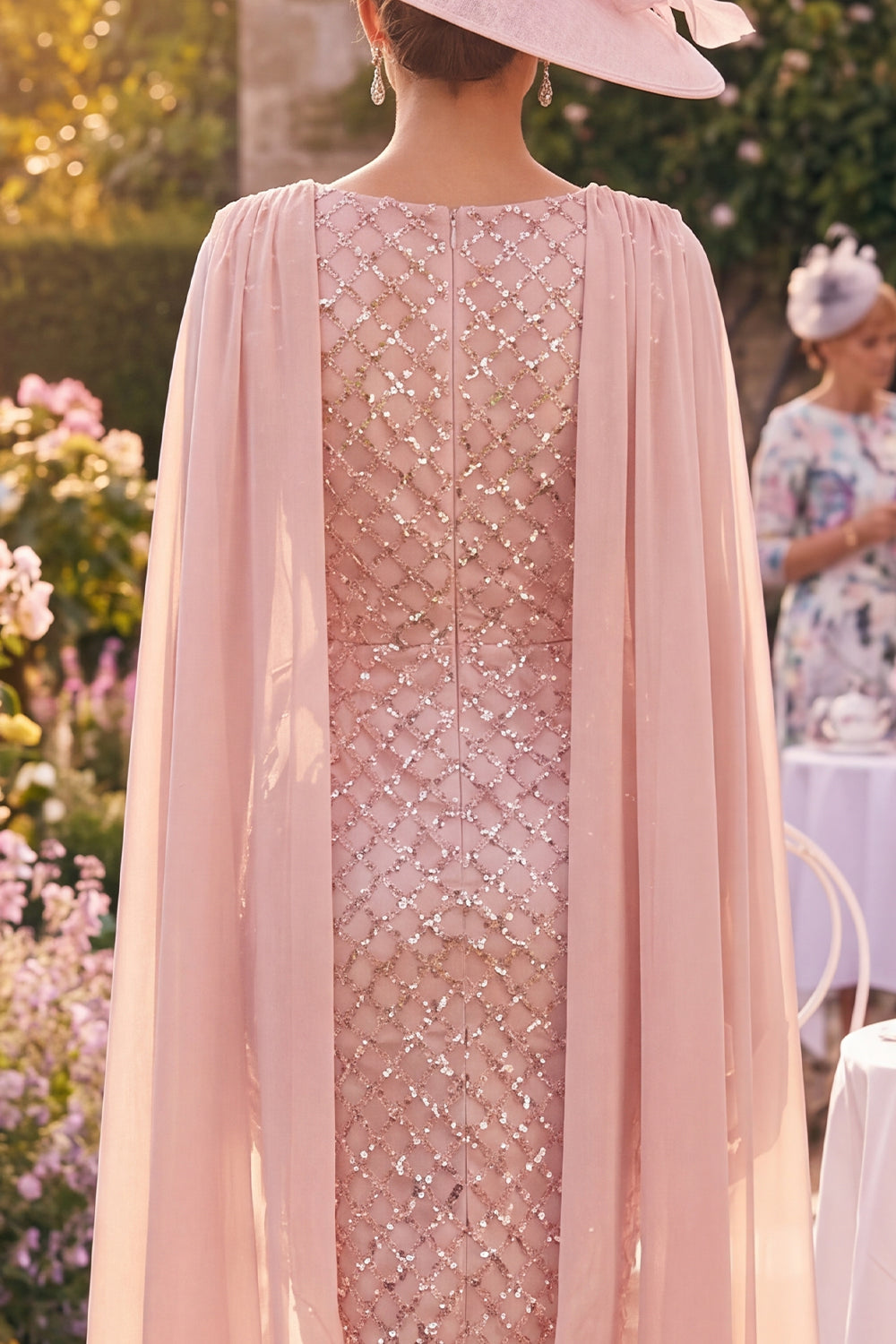Bodycon Sparkly Blush Midi Boat Neck Beaded Mother of the Bride Dress with Cape