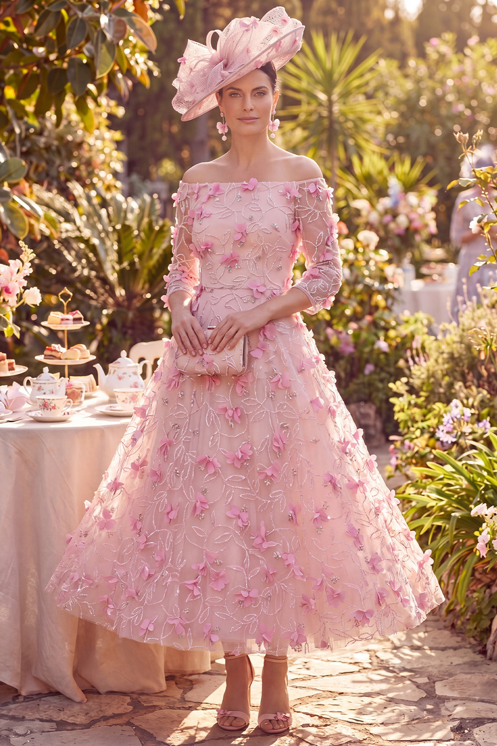 Pink Long Beaded A Line Off the Shoulder Floral Mother of the Bride Dress