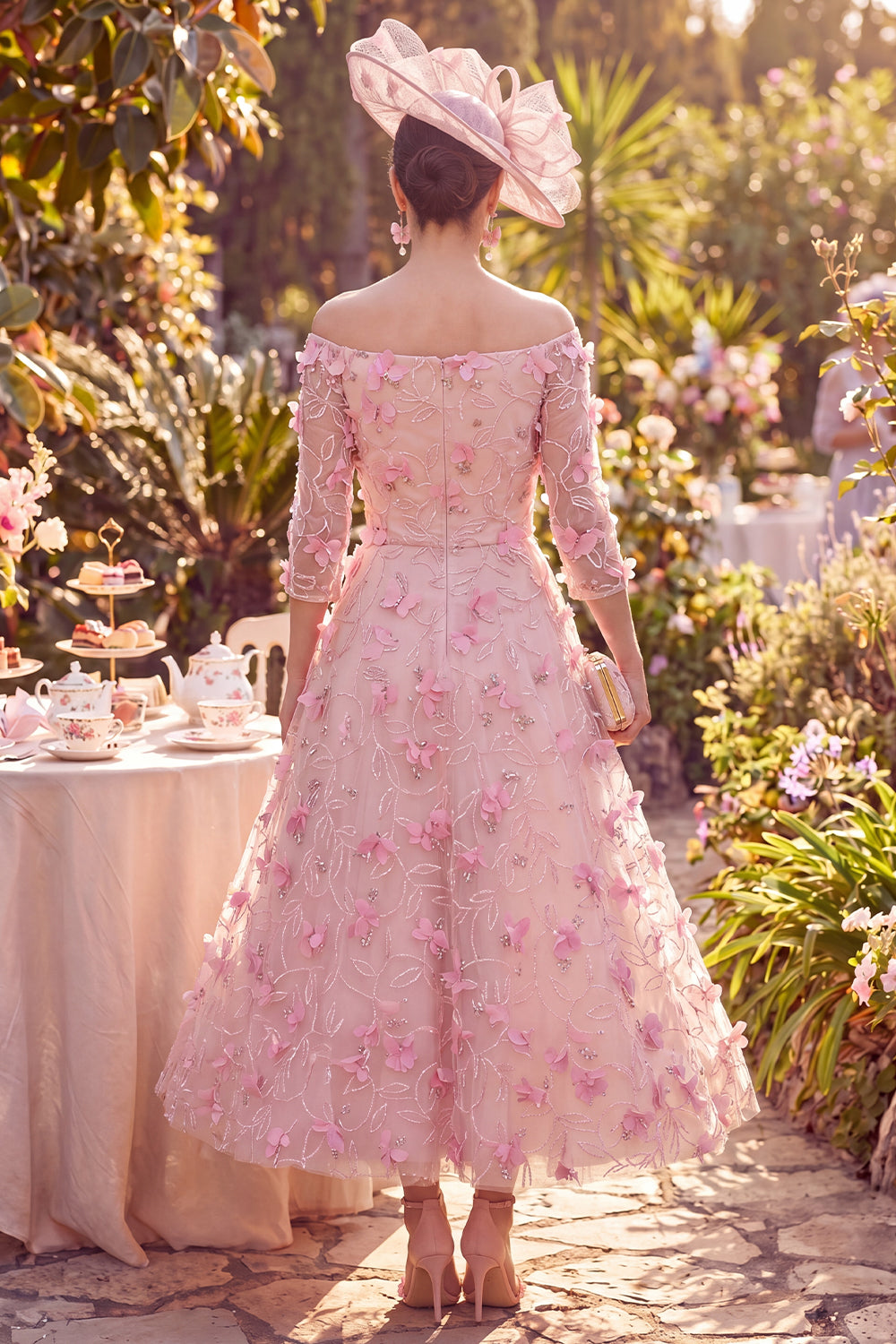 Pink Long Beaded A Line Off the Shoulder Floral Mother of the Bride Dress