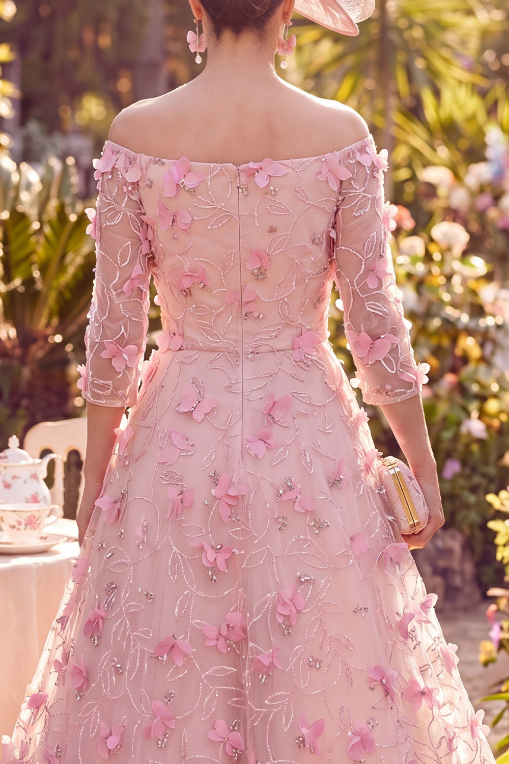 Pink Long Beaded A Line Off the Shoulder Floral Mother of the Bride Dress