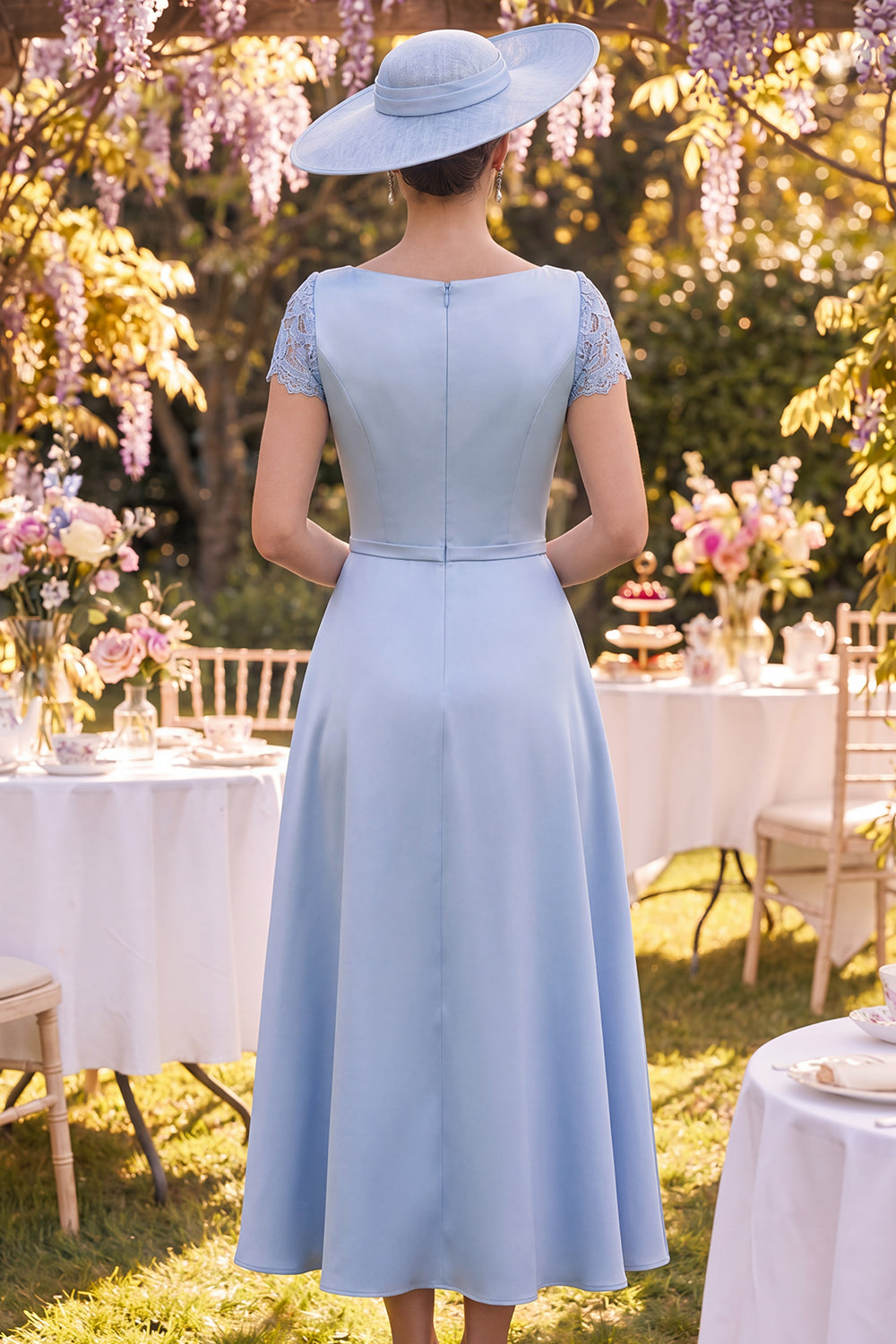 Blue Sheath Long Short Sleeves Floral Mother of the Bride Dress with Cape