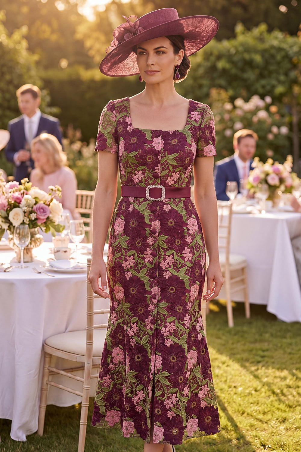 Mermaid Floral Square Neck Maxi Burgundy Mother of the Bride Dress with Belt