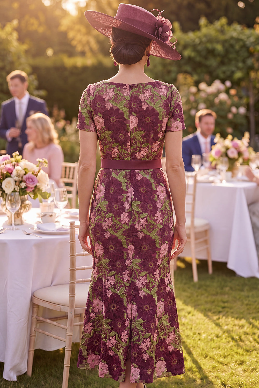 Mermaid Floral Square Neck Maxi Burgundy Mother of the Bride Dress with Belt